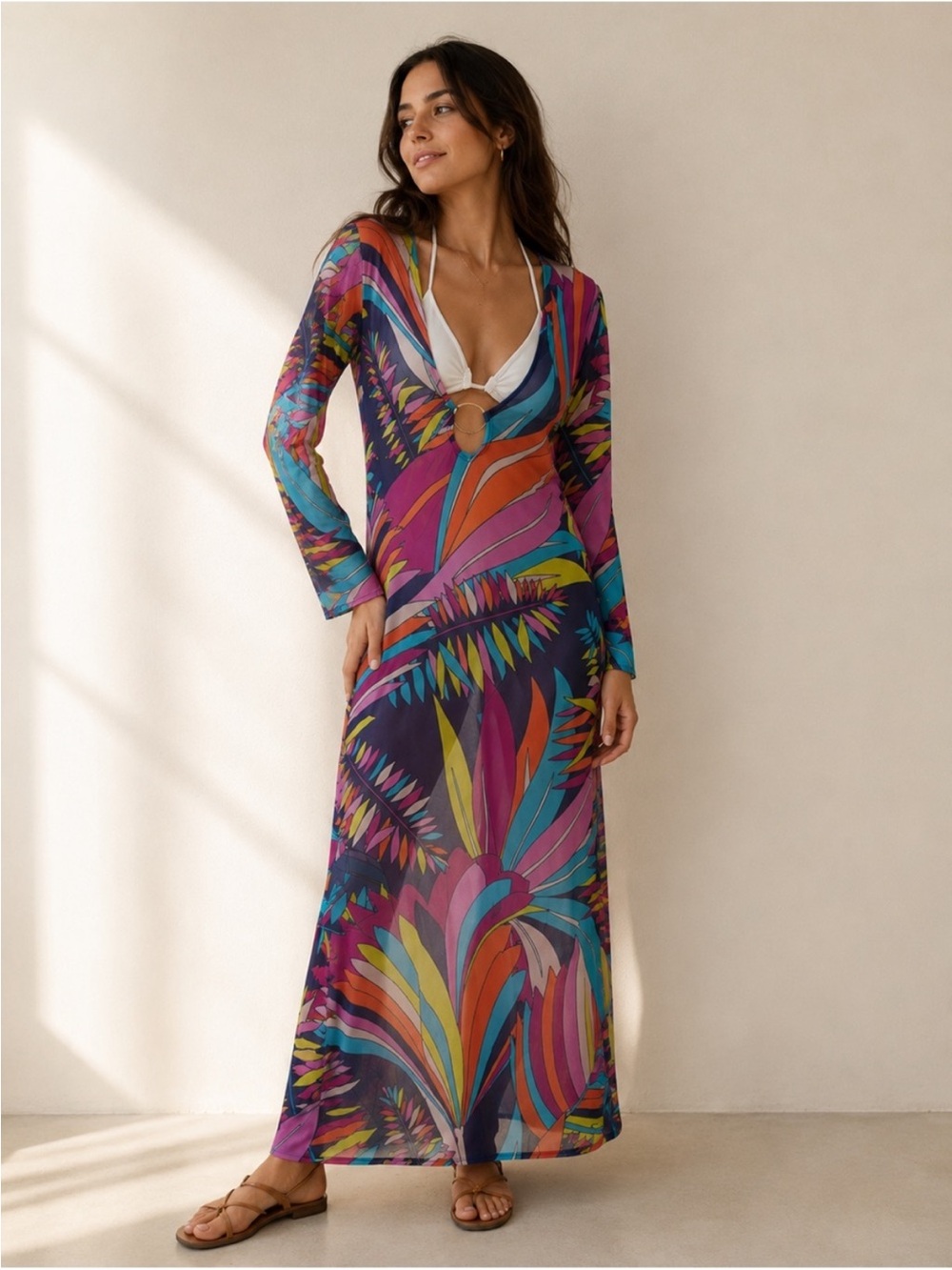 NWT Trina Turk Colorful Tropical Print Mesh Maxi Swim Coverup Sz S